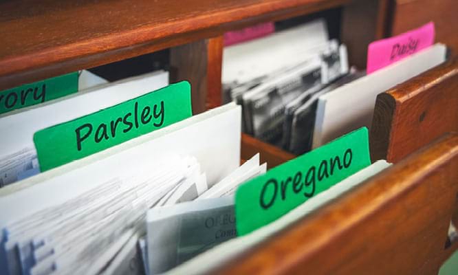 Oregano and Parsley seed packets in a drawer